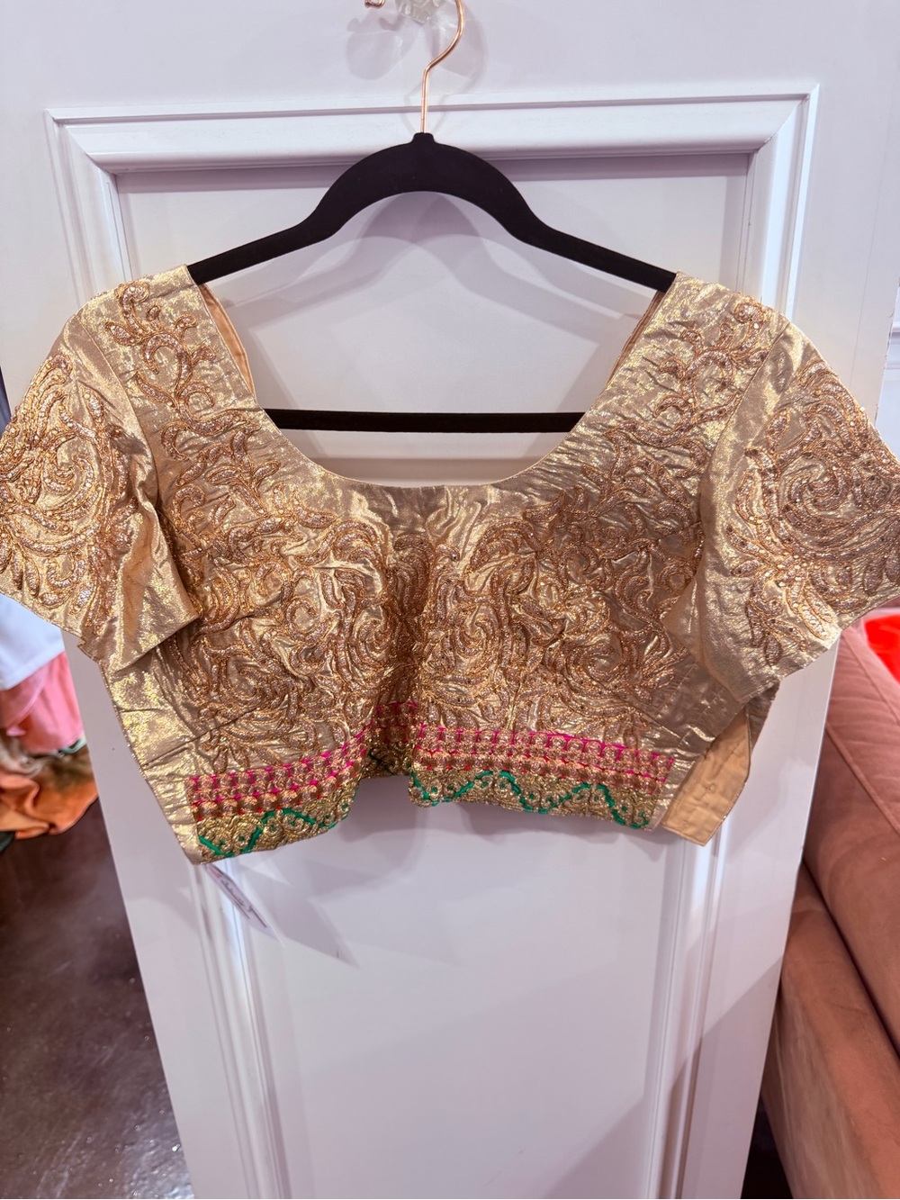 Cropped Gold Embroidered Women’s Blouse with Pink & Green Accent